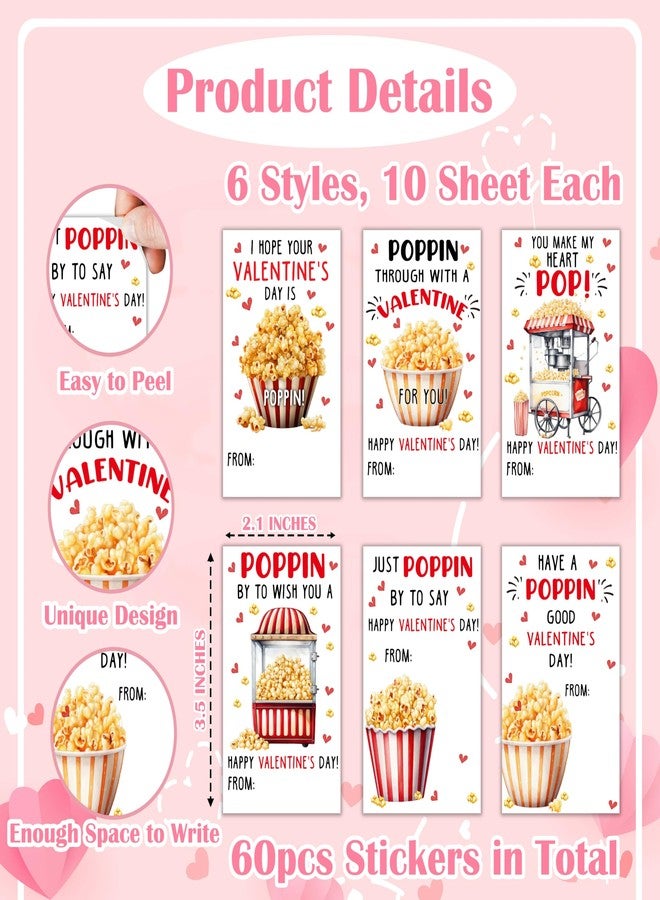 Cazhes Valentine's Day Gifts Tags Stickers, 60pcs Gift Wrap Self Adhesive Stickers, Popcorn Happy Valentine's Day Wrapping Decorations for Envelopes Present School - B04 - Image 2